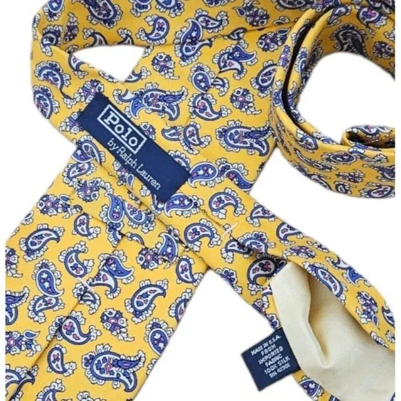 POLO BY RALPH LAUREN Yellow Paisley Silk Tie HANDMADE USA 59